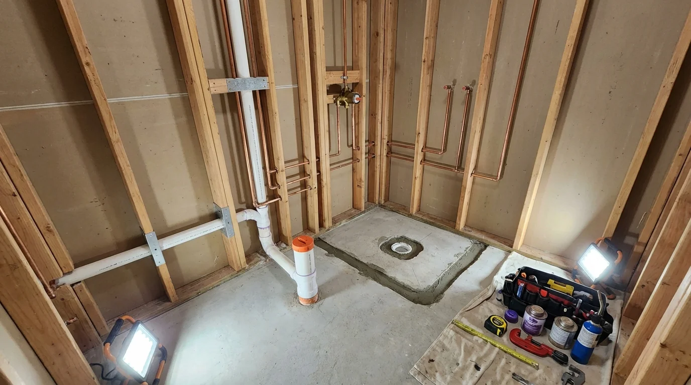 Bathroom rough-in plumbing during remodel by Johns Plumbing LLC in Worthington