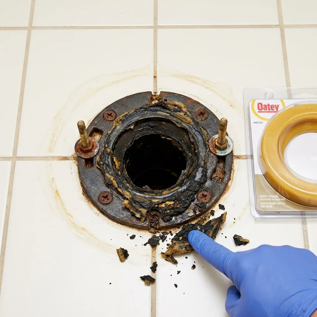 Failed wax ring showing water seepage at the base of a toilet in a Worthington, MN home