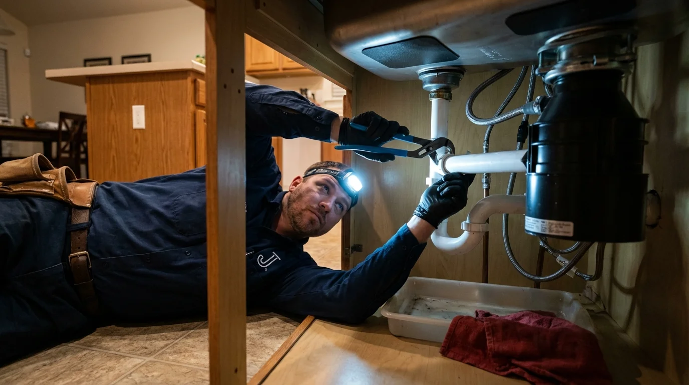 P-trap and supply line connections under a kitchen sink showing a common leak point in Worthington, MN